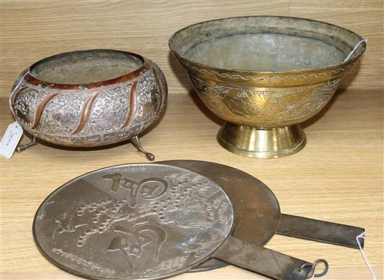 Two Japanese bronze mirrors, a Sri Lankan silver-overlaid copper bowl with scrolled feet (KAA mark) and an Eastern brass bowl